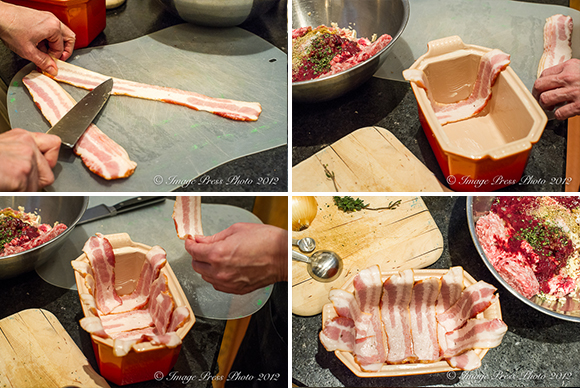 Line your pate terrine pan with bacon strips