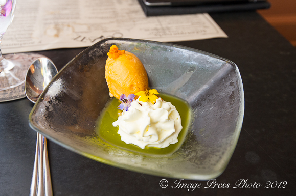 Sabores del Mediterraneo (Apricot sorbet, yogurt mousse, candied pine nuts, and pine oil