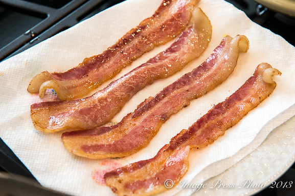 Dry the bacon on paper towels to remove the excess fat