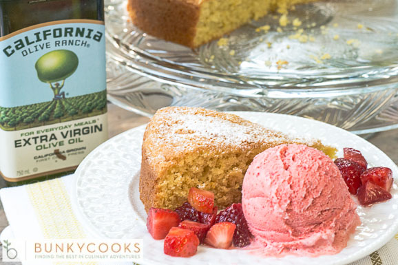 Olive oil Cake with Strawberry Gelato and Macerated Strawberries
