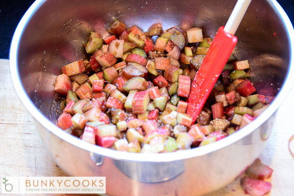 Fresh chopped rhubarb is macerated with brown sugar 