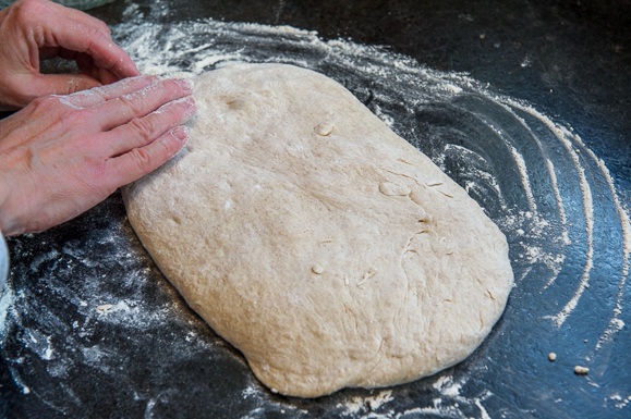 After the first fermentation, shape the dough into a rectangle