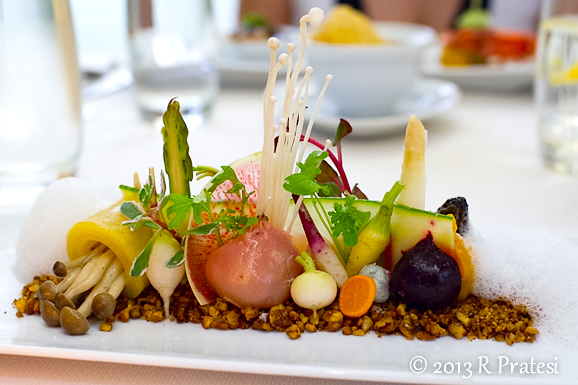 Sous Vide Roots, Asparagus, & Exotic Mushrooms in their Soil. This dish takes the chef eight minutes to assemble.