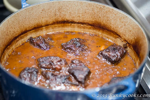 The long and slow cooking time in the oven gives the short ribs a beautiful carmelization