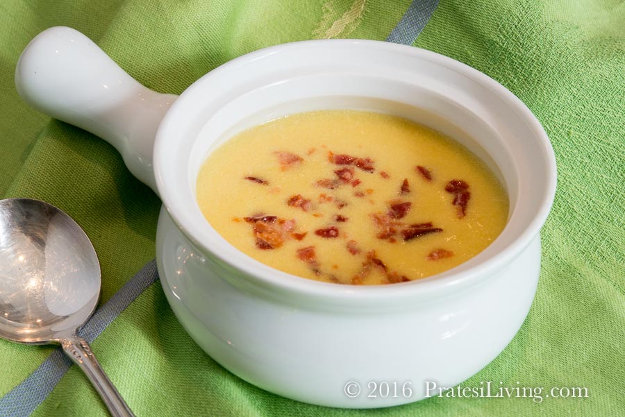 Fresh Corn Soup topped with crisped bacon